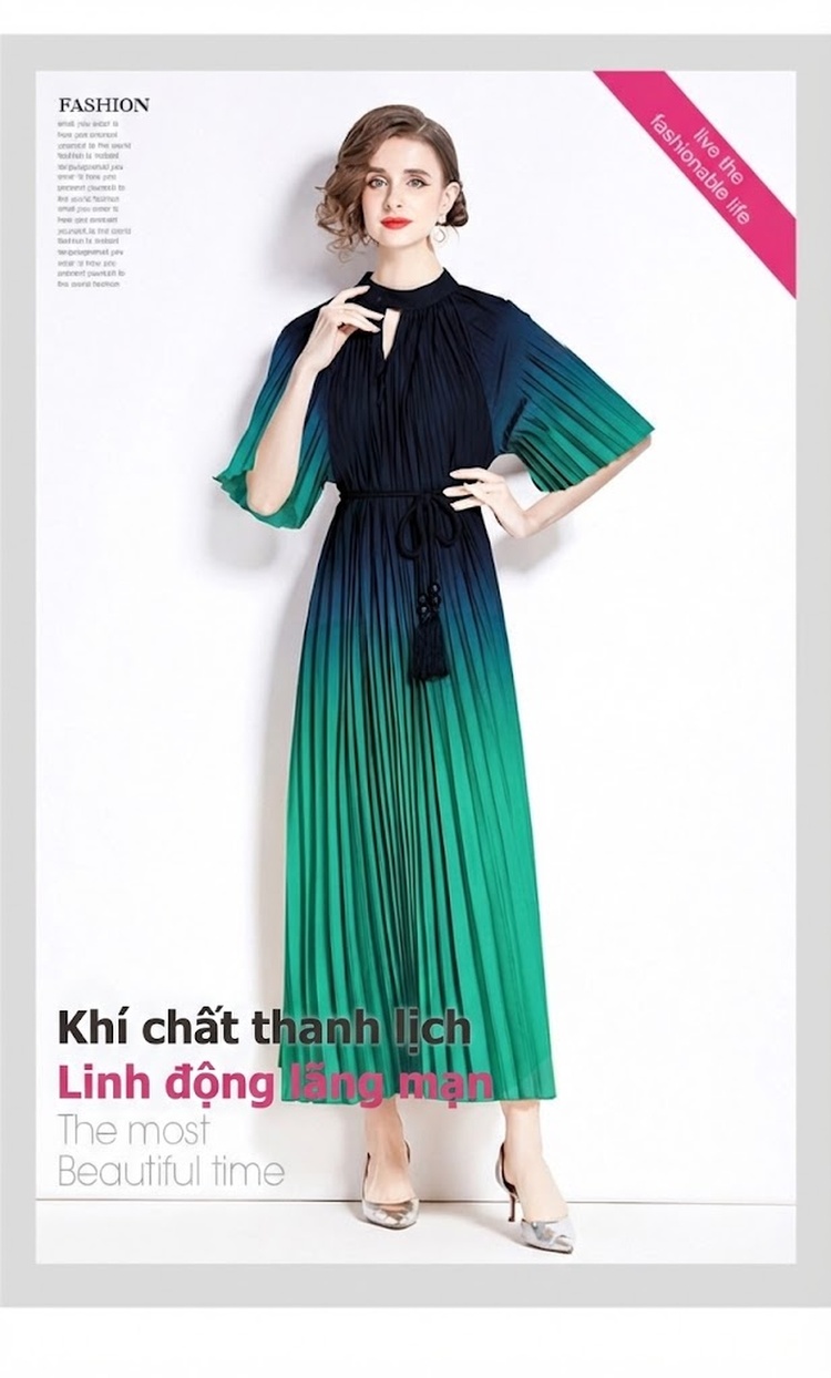 Váy Đầm Nữ Tay Ngắn Cổ Trụ Ly Xếp Eo A Màu Xanh Lá, Trắng, Hồng, Xanh Dương... chi tiết 4
