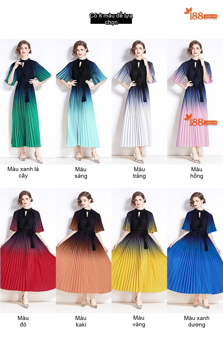 Váy Đầm Nữ Tay Ngắn Cổ Trụ Ly Xếp Eo A Màu Xanh Lá, Trắng, Hồng, Xanh Dương... chi tiết 1