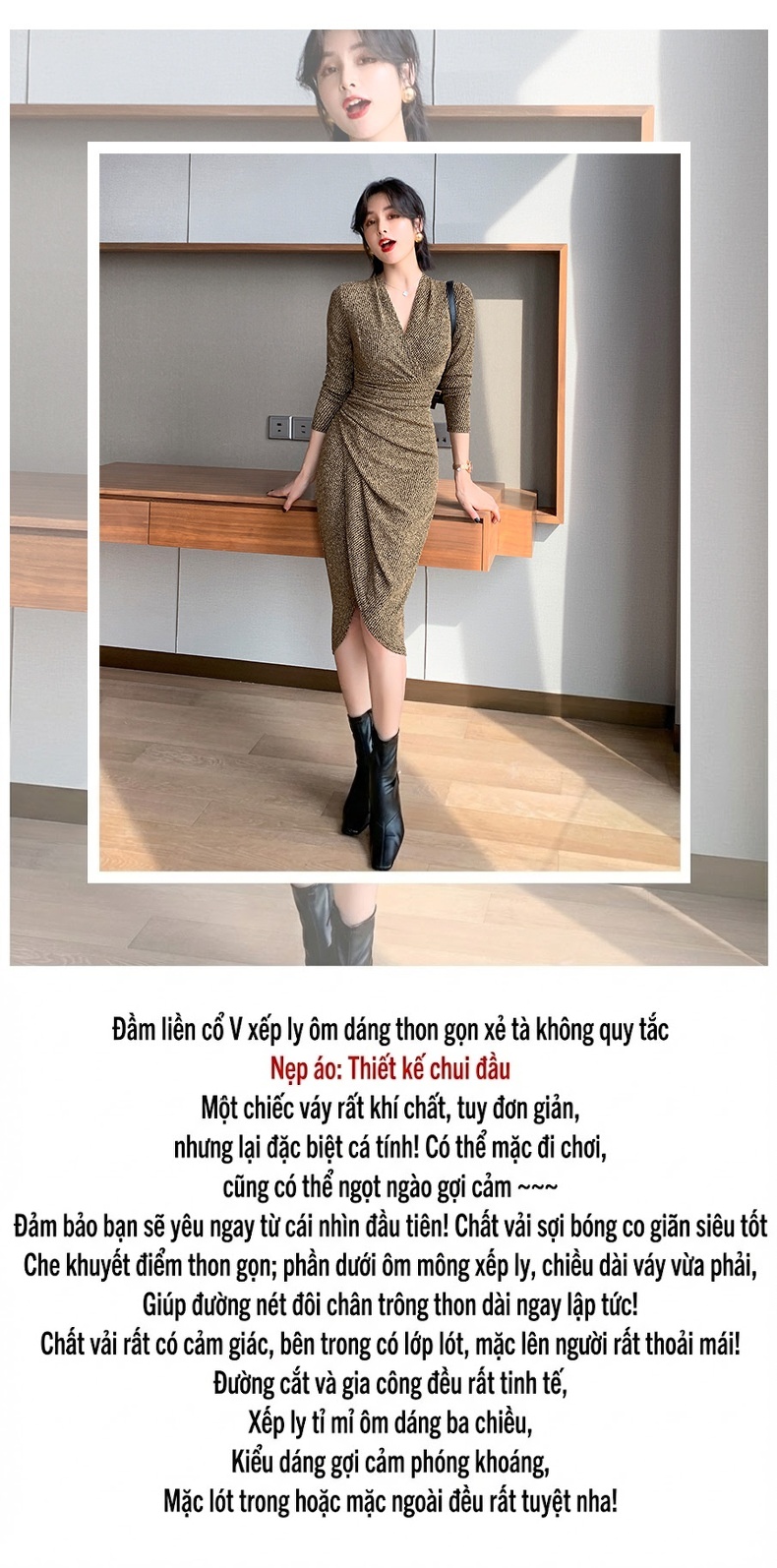 Váy Đầm Nữ V-Neck Tay Dài Dáng Ôm Bodycon Xẻ Tà Thiết Kế Nhún Bèo Màu Nâu Vàng chi tiết 1