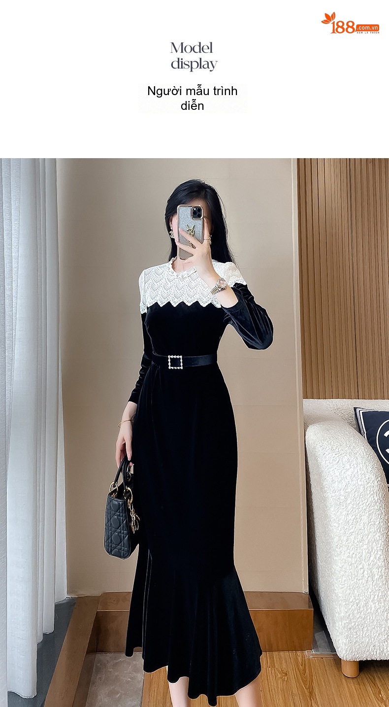 Váy Đầm Ôm Body Đuôi Cá Nữ Vải Gấm Nhung Phối Ren Cổ Điển Màu Đen, Trắng chi tiết 6