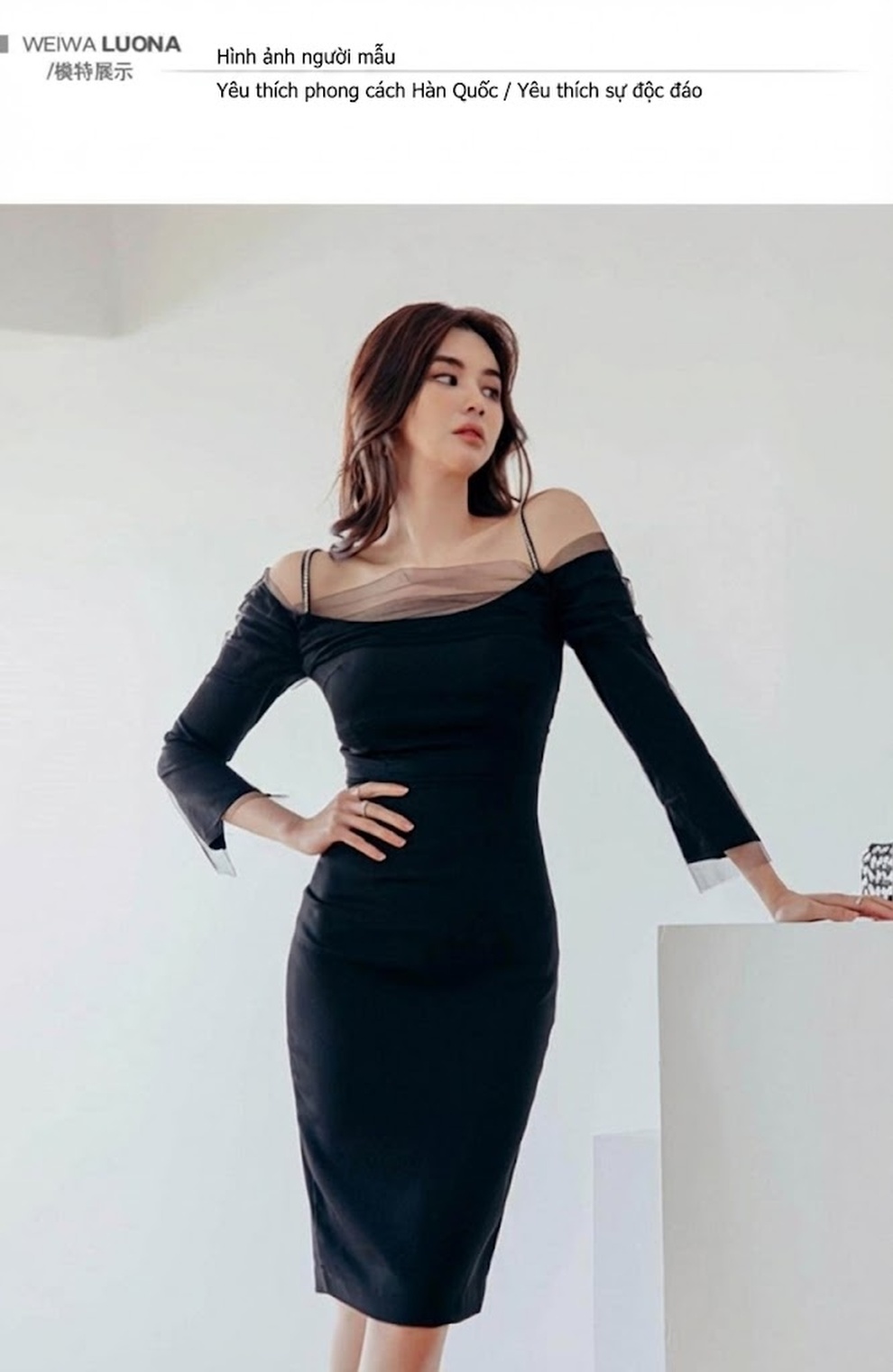 Váy Đầm Ôm Body Hở Vai Dáng Dài Trung Niên Phong Cách Quý Phái Màu Đen chi tiết 8