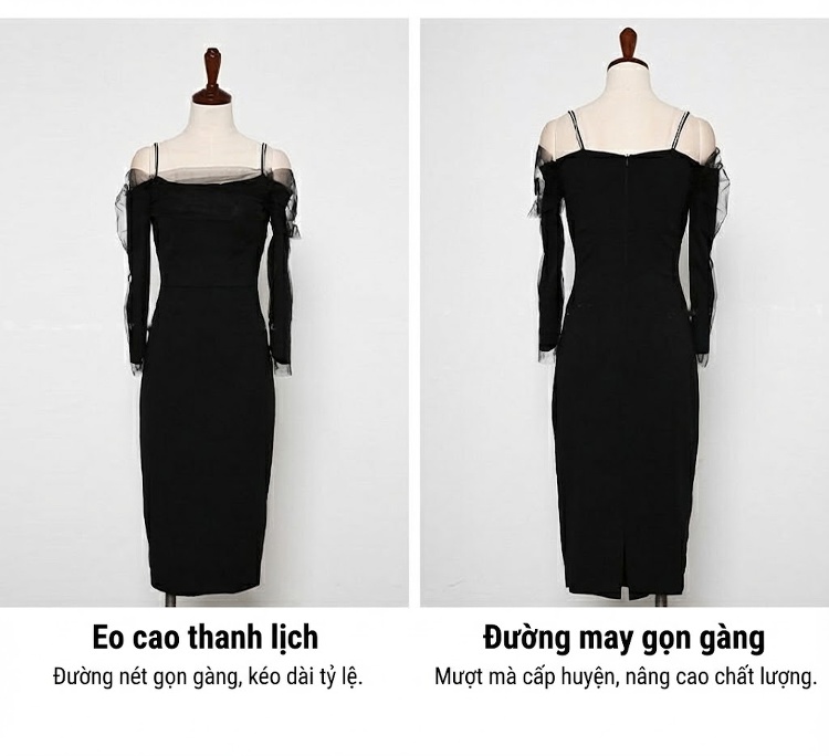 Váy Đầm Ôm Body Hở Vai Dáng Dài Trung Niên Phong Cách Quý Phái Màu Đen chi tiết 30