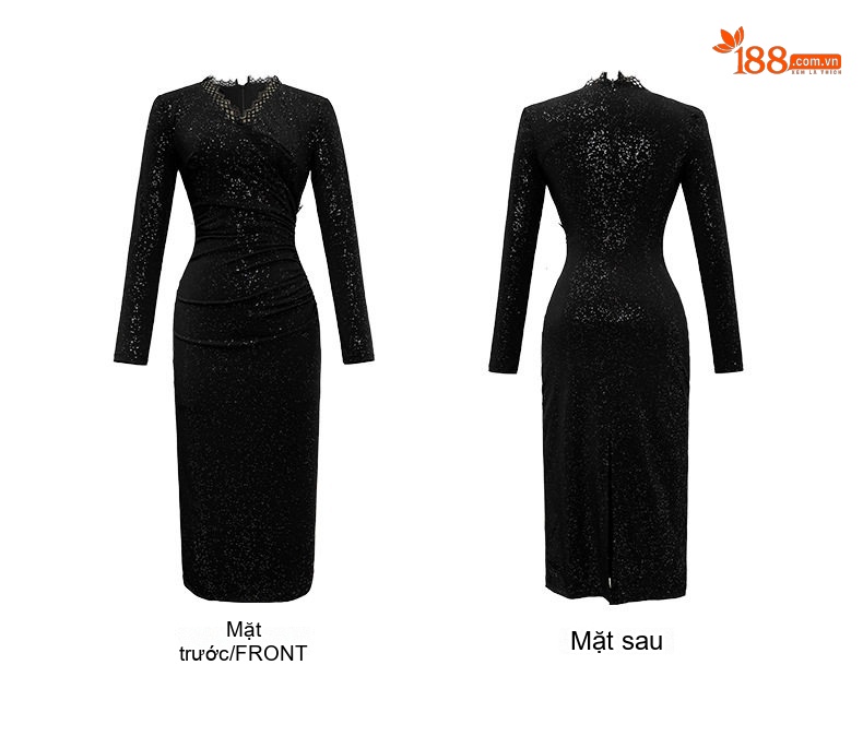 Váy Đầm Ôm Body Nữ Cổ chữ V Ren Tay Dài Màu Đen chi tiết 4