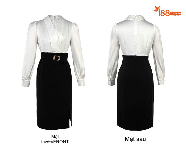 Váy Đầm Ôm Body Nữ Cổ chữ V Trắng Đen Thanh Lịch Công Sở chi tiết 4