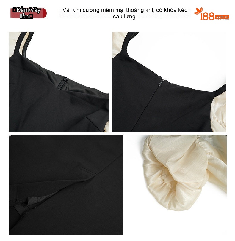 Váy Đầm Ôm Body Nữ Cổ chữ Vuông Tay Bồng Phong Cách Hepburn Màu Đen, Trắng chi tiết 2