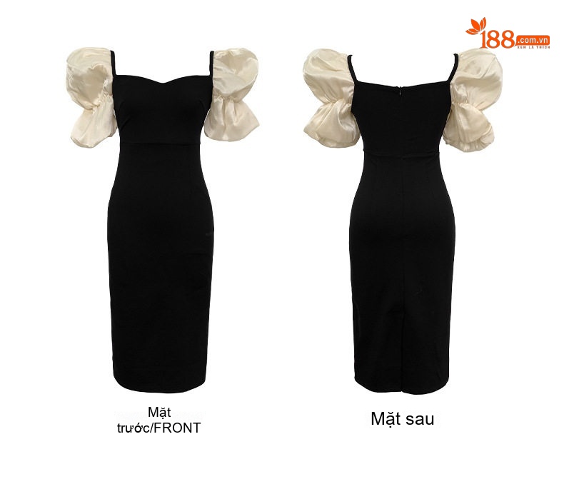 Váy Đầm Ôm Body Nữ Cổ chữ Vuông Tay Bồng Phong Cách Hepburn Màu Đen, Trắng chi tiết 3