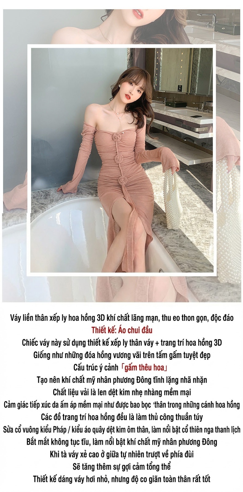 Váy Đầm Ôm Body Tay Dài Thiết Kế Nhún Bèo Hoa Hồng 3D Màu Hồng chi tiết 1