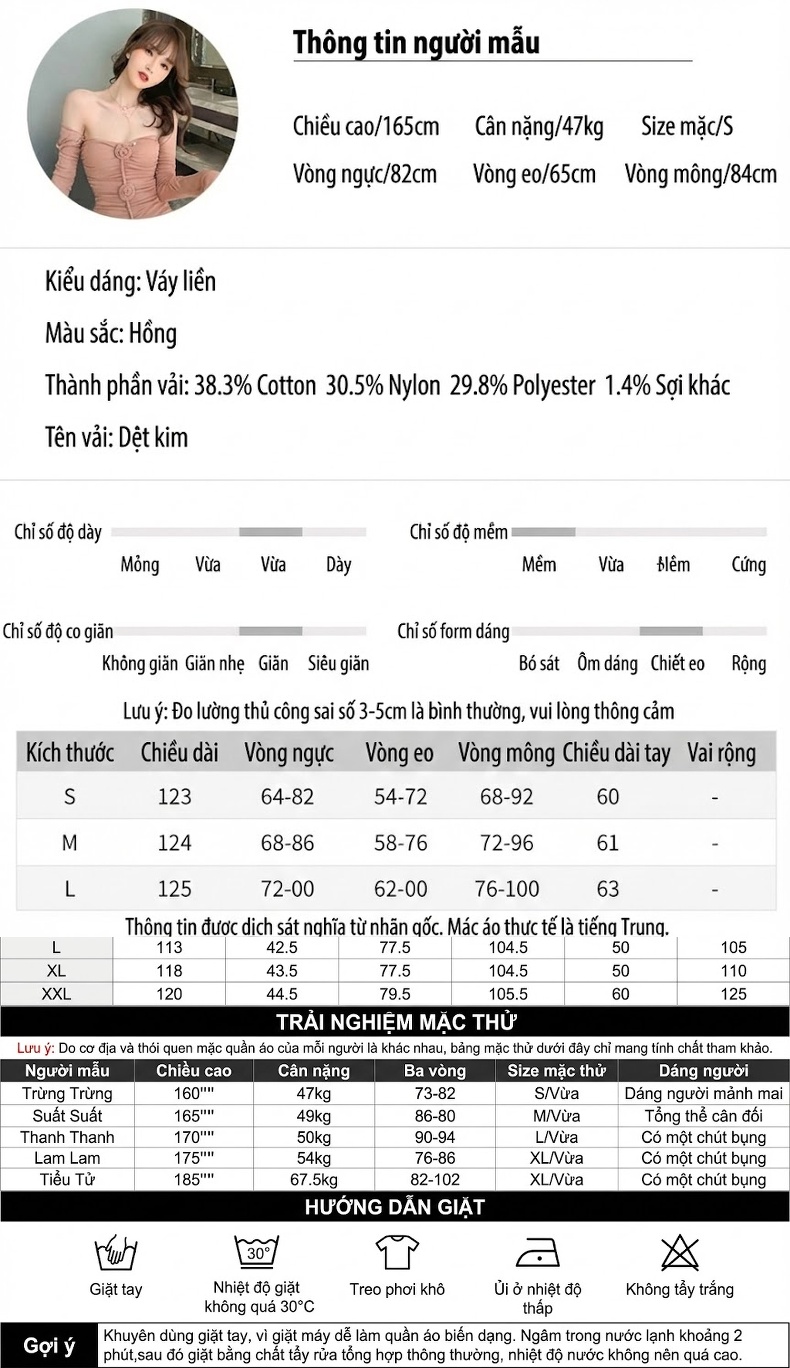 Váy Đầm Ôm Body Tay Dài Thiết Kế Nhún Bèo Hoa Hồng 3D Màu Hồng chi tiết 2