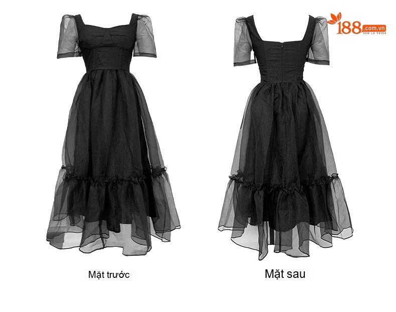 Váy Đầm Ôm Eo Dáng Xòe Organza Tay Bồng Phong Cách Tiểu Thư Màu Đen, Xanh Olive chi tiết 6