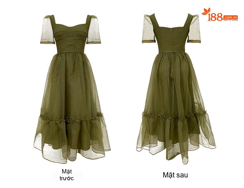 Váy Đầm Ôm Eo Dáng Xòe Organza Tay Bồng Phong Cách Tiểu Thư Màu Đen, Xanh Olive chi tiết 7