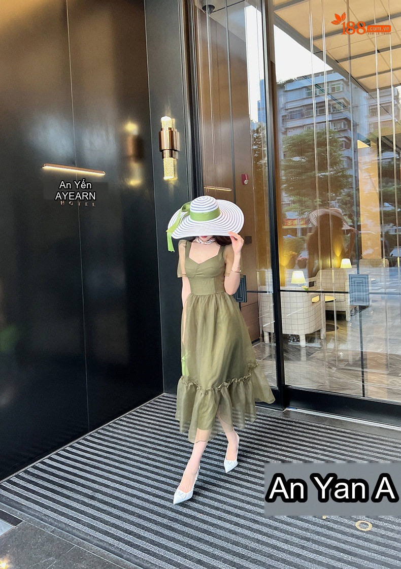 Váy Đầm Ôm Eo Dáng Xòe Organza Tay Bồng Phong Cách Tiểu Thư Màu Đen, Xanh Olive chi tiết 22