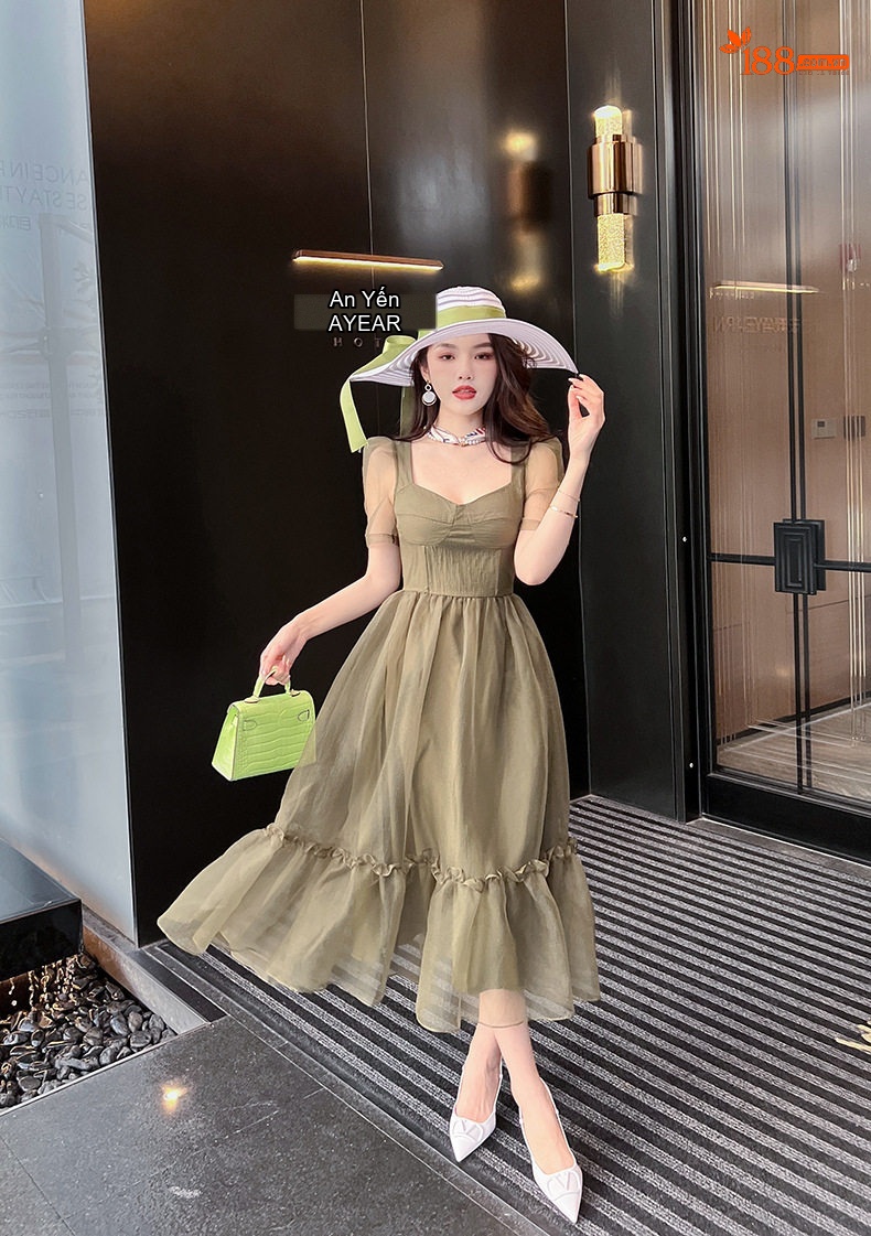Váy Đầm Ôm Eo Dáng Xòe Organza Tay Bồng Phong Cách Tiểu Thư Màu Đen, Xanh Olive chi tiết 23