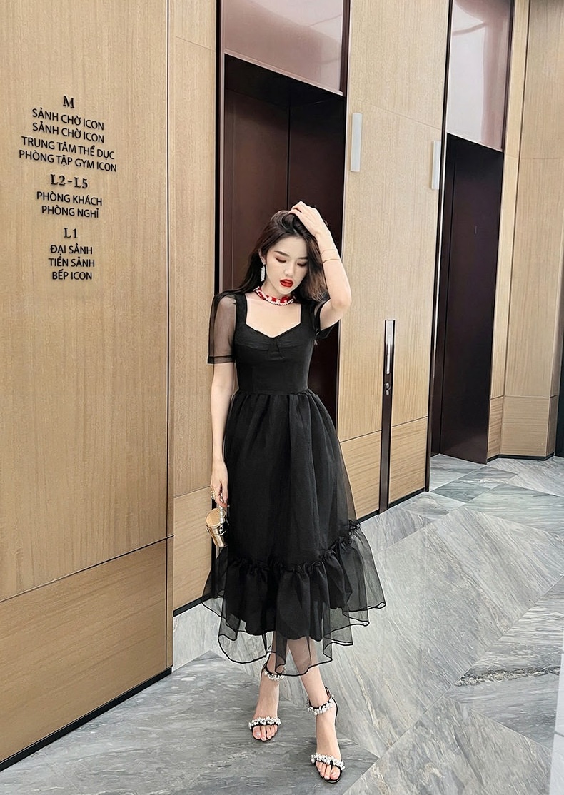 Váy Đầm Ôm Eo Dáng Xòe Organza Tay Bồng Phong Cách Tiểu Thư Màu Đen, Xanh Olive chi tiết 15
