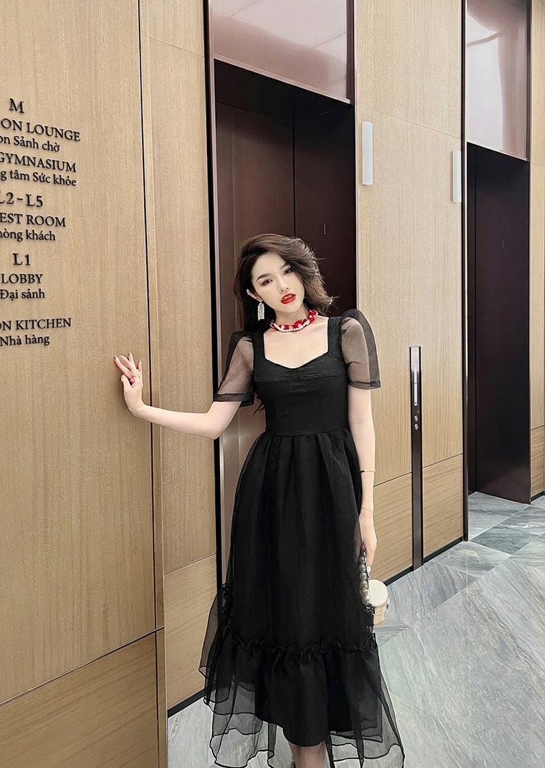 Váy Đầm Ôm Eo Dáng Xòe Organza Tay Bồng Phong Cách Tiểu Thư Màu Đen, Xanh Olive chi tiết 16