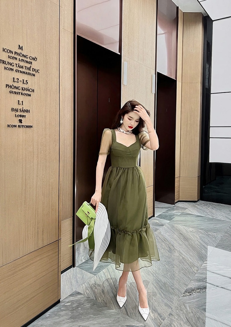 Váy Đầm Ôm Eo Dáng Xòe Organza Tay Bồng Phong Cách Tiểu Thư Màu Đen, Xanh Olive chi tiết 24