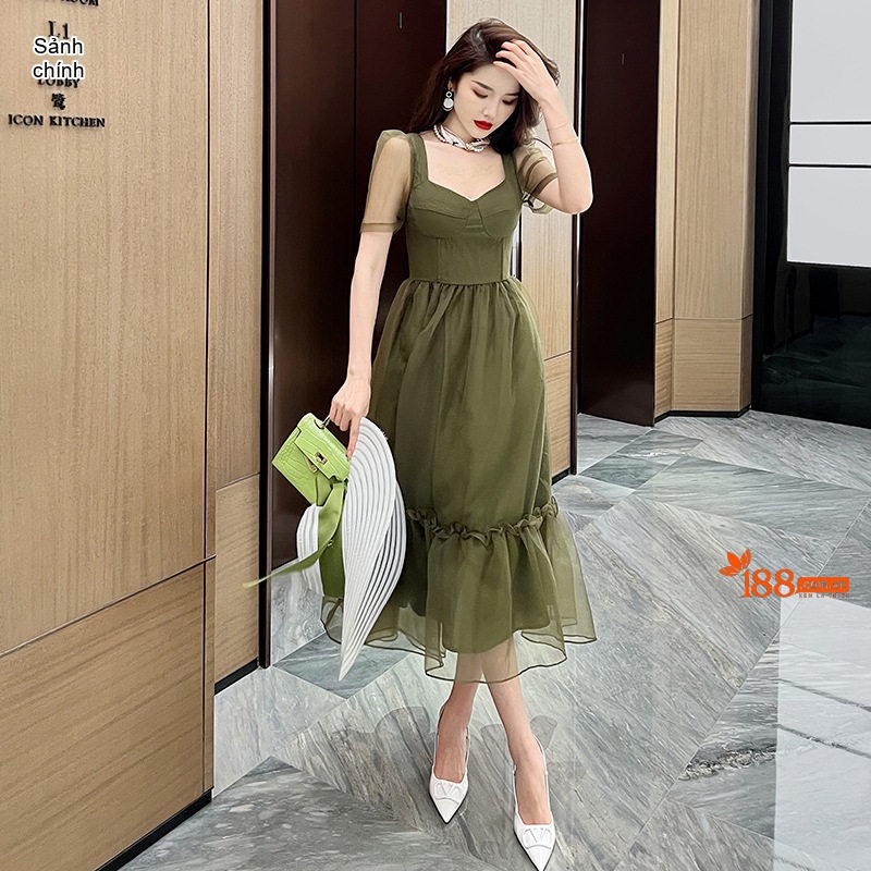 Váy Đầm Ôm Eo Dáng Xòe Organza Tay Bồng Phong Cách Tiểu Thư Màu Đen, Xanh Olive