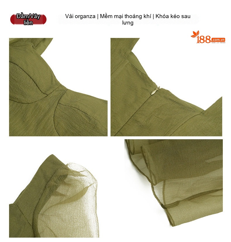 Váy Đầm Ôm Eo Dáng Xòe Organza Tay Bồng Phong Cách Tiểu Thư Màu Đen, Xanh Olive chi tiết 4