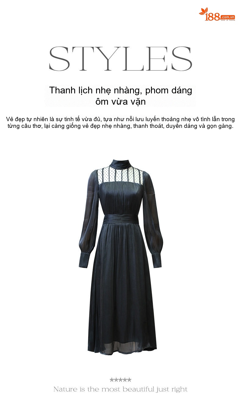 Váy Đầm Pháp Dáng Dài Tay Dài Chiết Eo Phong Cách Thanh Lịch Màu Đen chi tiết 2
