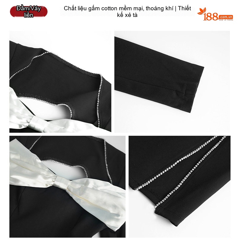 Váy Đầm Tiểu Thư Nữ Cổ Trễ Vai Nơ Lập Thể Xẻ Tà Màu Đen, Trắng chi tiết 3
