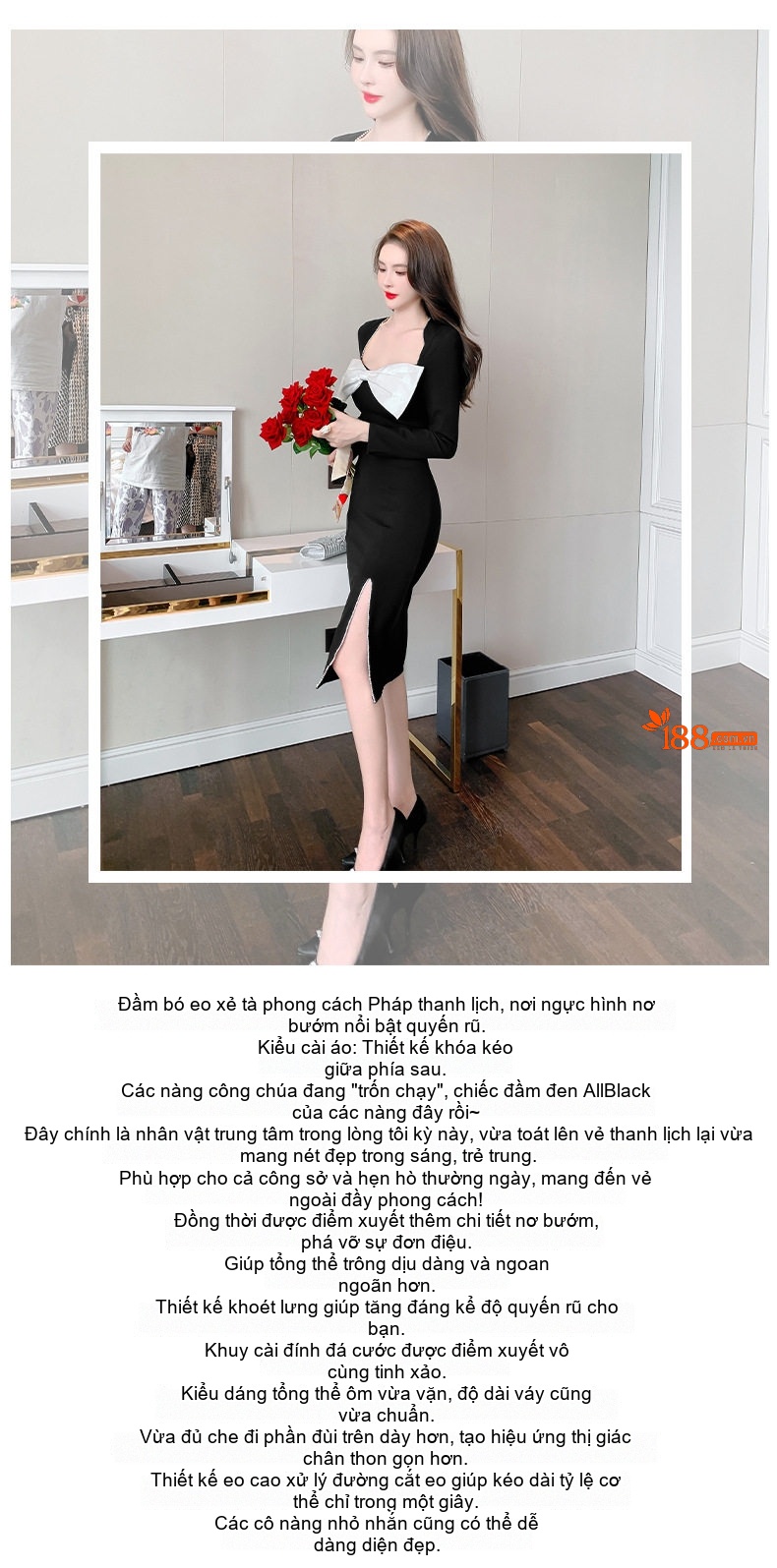 Váy Đầm Tiểu Thư Nữ Cổ Trễ Vai Nơ Lập Thể Xẻ Tà Màu Đen, Trắng chi tiết 1