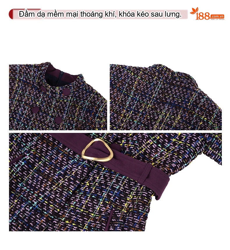 Váy Đầm Tiểu Thư Thu Đông Thiết Kế Dáng Ôm Hai Hàng Khuy Màu Nâu, Tím chi tiết 5