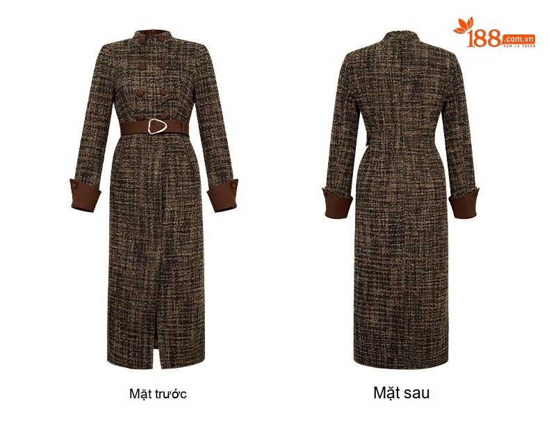 Váy Đầm Tiểu Thư Thu Đông Thiết Kế Dáng Ôm Hai Hàng Khuy Màu Nâu, Tím chi tiết 7