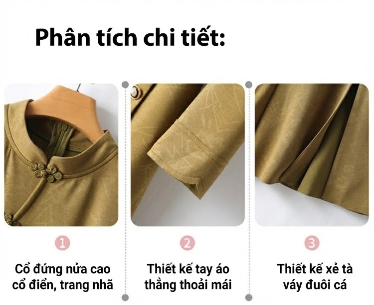Váy Đầm Trung Niên Cổ Tàu Dáng Ôm Body Đuôi Cá Màu Xanh Rêu, Đen chi tiết 7