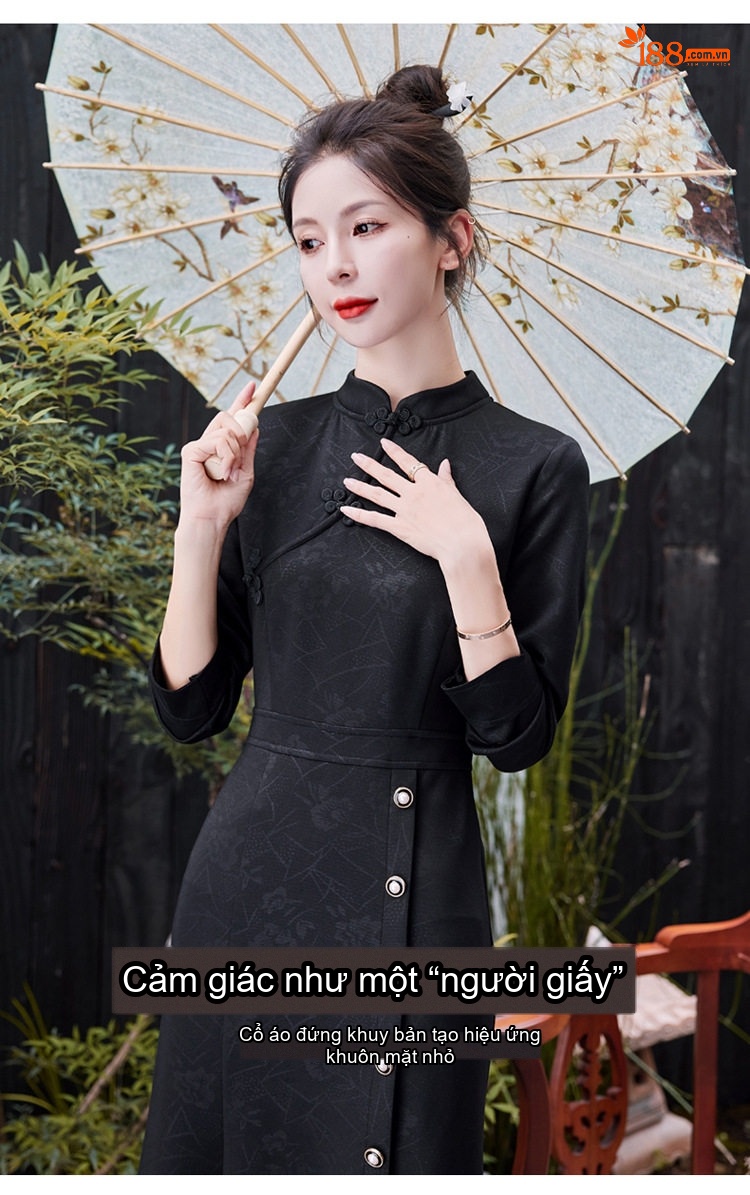 Váy Đầm Trung Niên Cổ Tàu Dáng Ôm Body Đuôi Cá Màu Xanh Rêu, Đen chi tiết 3