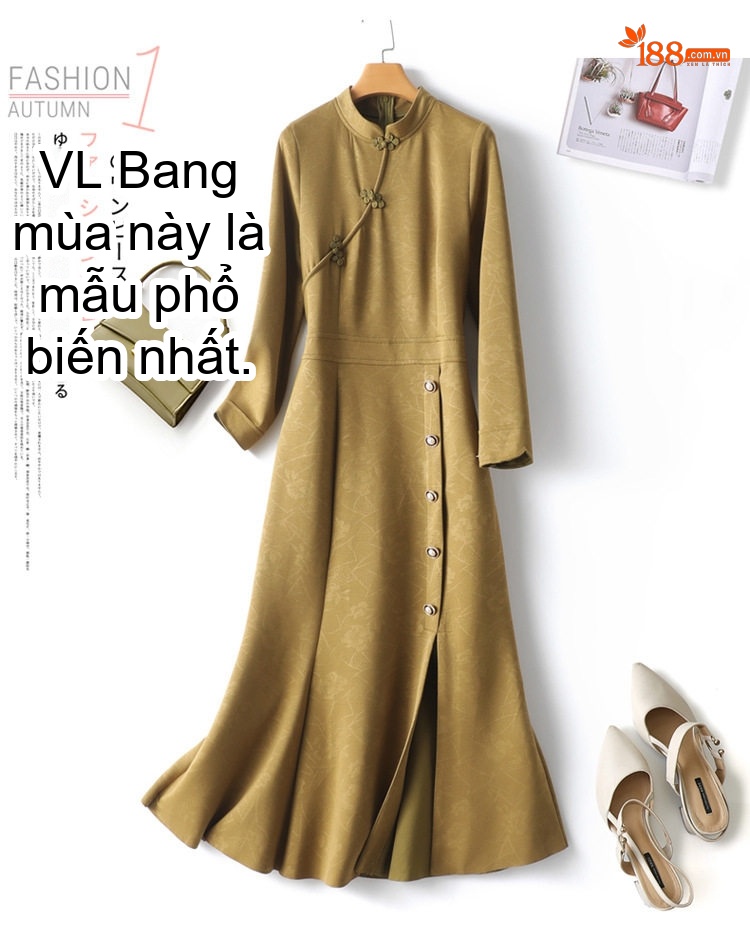 Váy Đầm Trung Niên Cổ Tàu Dáng Ôm Body Đuôi Cá Màu Xanh Rêu, Đen chi tiết 4
