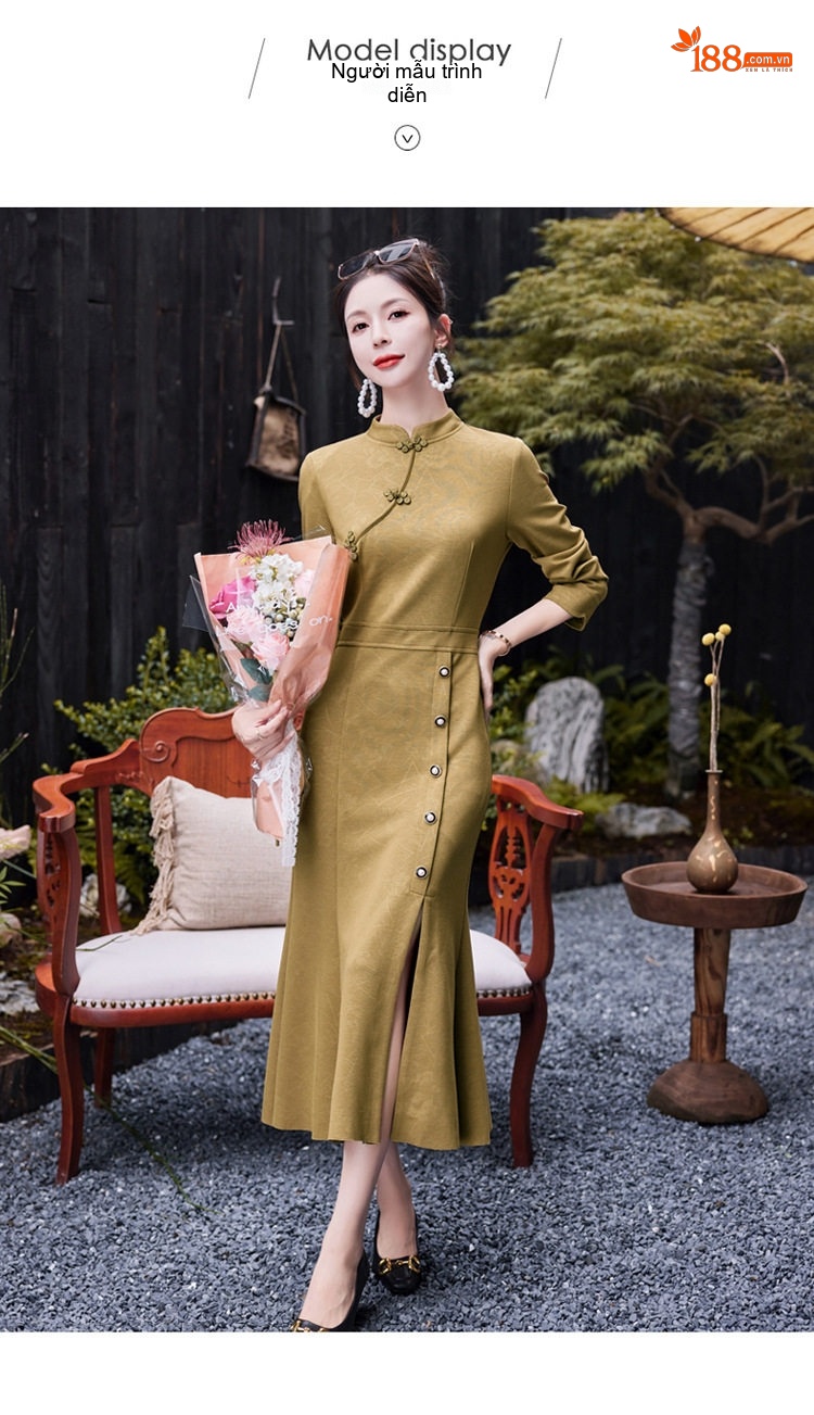 Váy Đầm Trung Niên Cổ Tàu Dáng Ôm Body Đuôi Cá Màu Xanh Rêu, Đen chi tiết 11