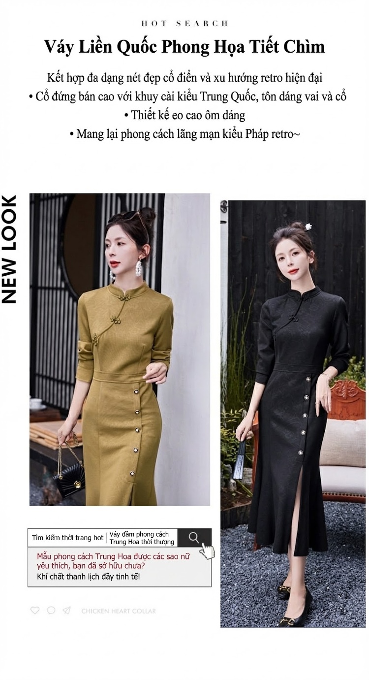 Váy Đầm Trung Niên Cổ Tàu Dáng Ôm Body Đuôi Cá Màu Xanh Rêu, Đen chi tiết 2
