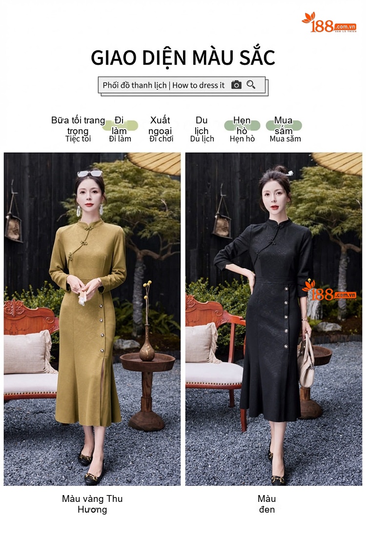 Váy Đầm Trung Niên Cổ Tàu Dáng Ôm Body Đuôi Cá Màu Xanh Rêu, Đen chi tiết 8