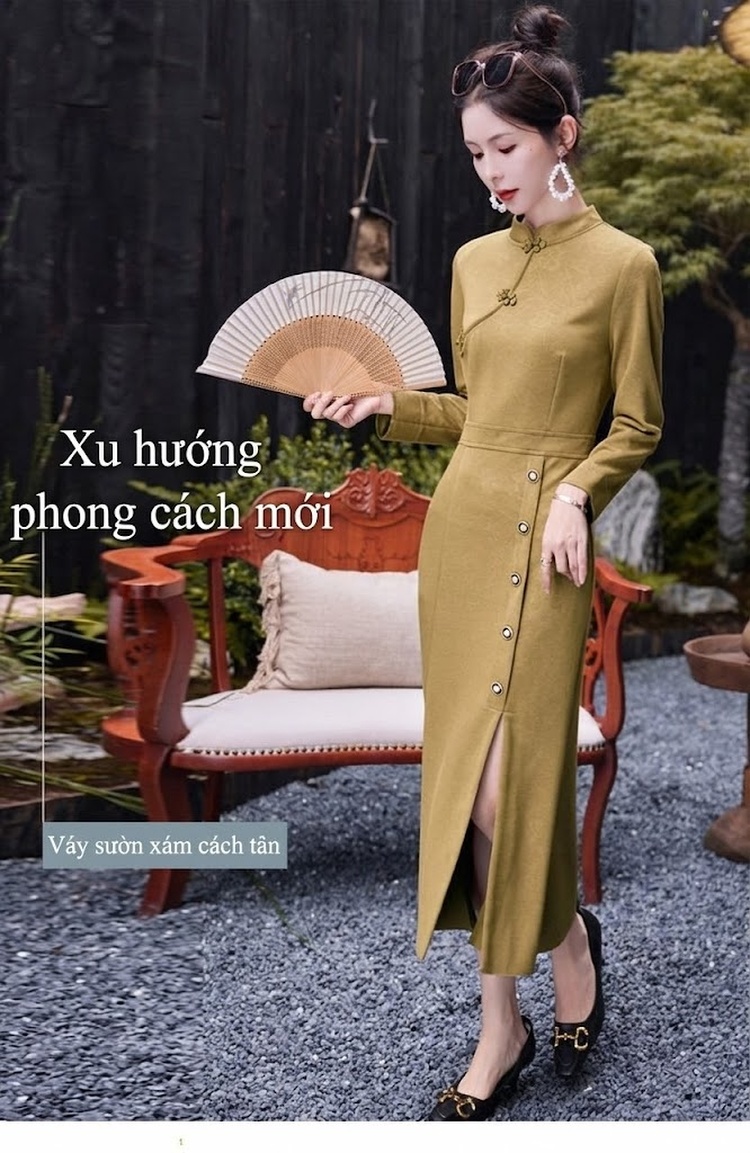 Váy Đầm Trung Niên Cổ Tàu Dáng Ôm Body Đuôi Cá Màu Xanh Rêu, Đen chi tiết 1