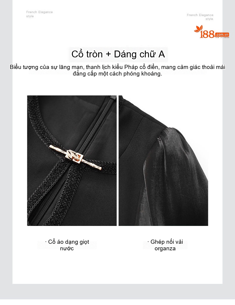 Váy dáng chữ A Tay Dài Phong Cách Công Sở Thanh Lịch Màu Đen, Kem chi tiết 6