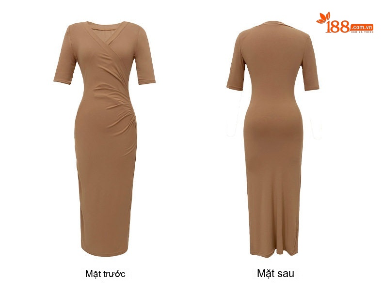 Váy Dáng Dài Nữ Cổ Chữ V Ôm Dáng Phong Cách Thanh Lịch Màu Đen, Nude chi tiết 6