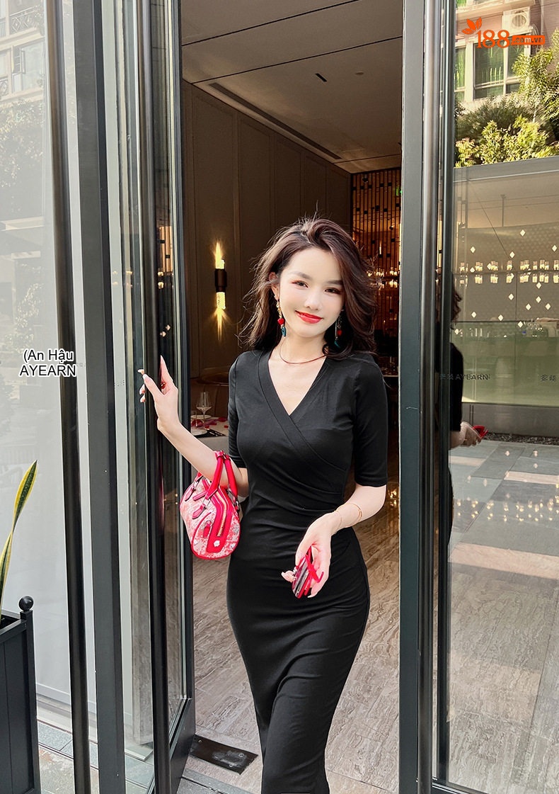 Váy Dáng Dài Nữ Cổ Chữ V Ôm Dáng Phong Cách Thanh Lịch Màu Đen, Nude chi tiết 8