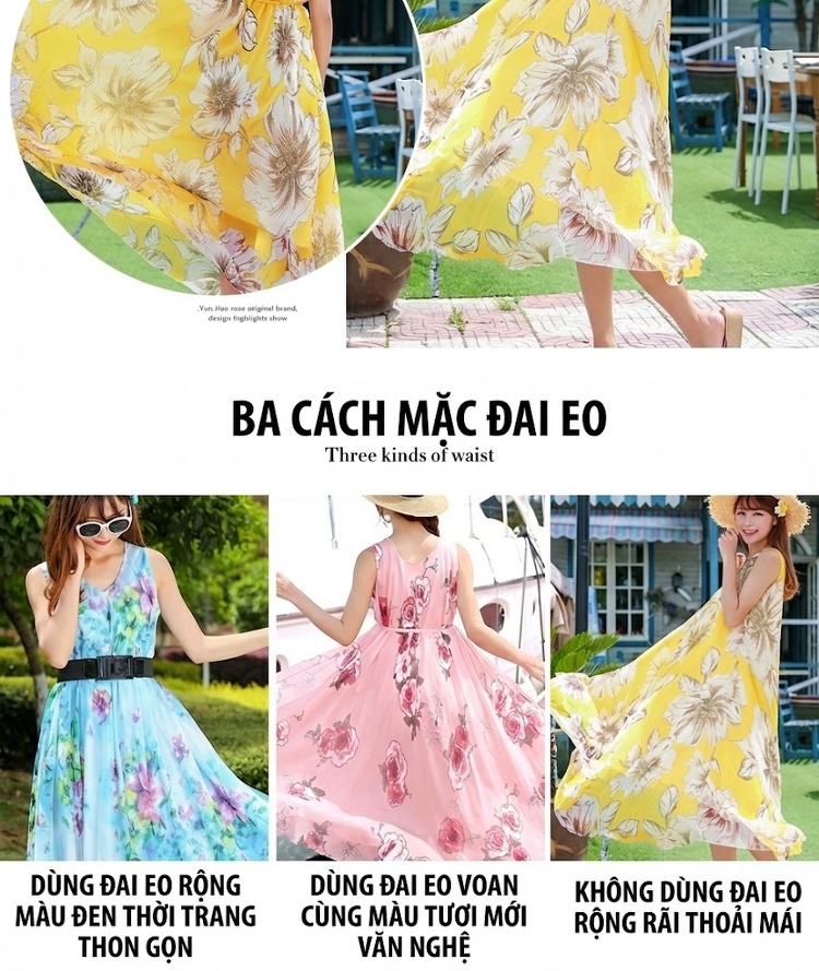 Váy Dáng Dài Xòe Chữ A Hai Dây Che Bụng Chất Liệu Voan Họa Tiết Hoa Nhí Mùa Hè Màu Vàng, Xanh Dương, Hồng, Cam... chi tiết 7