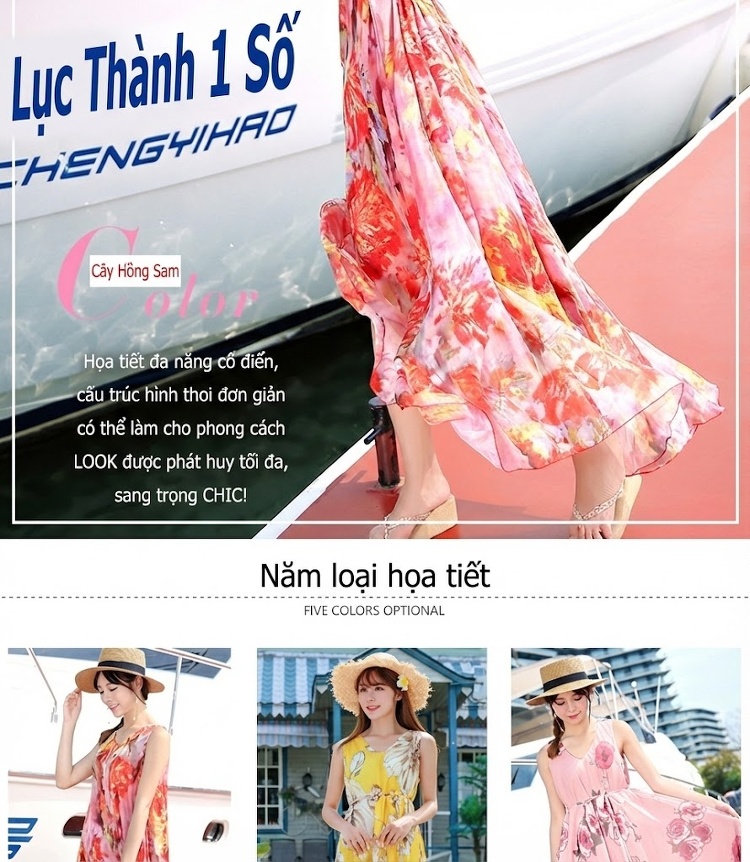 Váy Dáng Dài Xòe Chữ A Hai Dây Che Bụng Chất Liệu Voan Họa Tiết Hoa Nhí Mùa Hè Màu Vàng, Xanh Dương, Hồng, Cam... chi tiết 2
