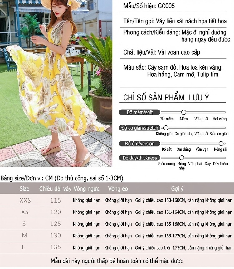 Váy Dáng Dài Xòe Chữ A Hai Dây Che Bụng Chất Liệu Voan Họa Tiết Hoa Nhí Mùa Hè Màu Vàng, Xanh Dương, Hồng, Cam... chi tiết 4