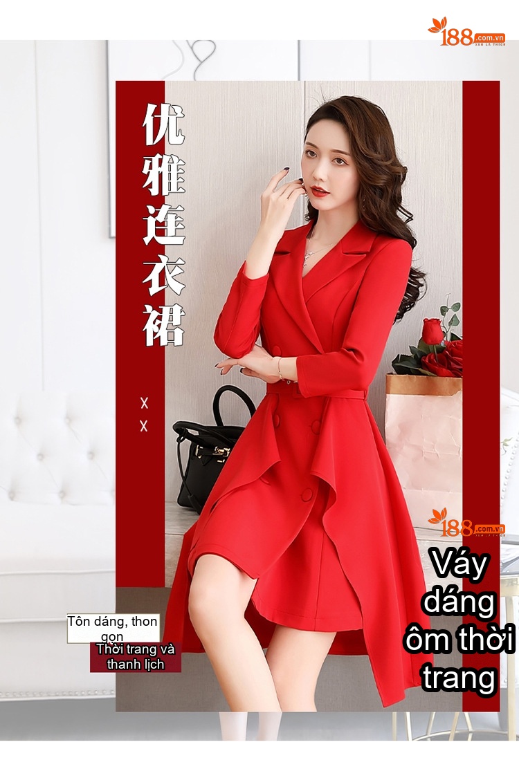 Váy Dáng Vest Nữ Dáng Ôm Chiều Dài Vừa Phải Kèm Đai Màu Đỏ, Trắng, Đen, Nâu chi tiết 3