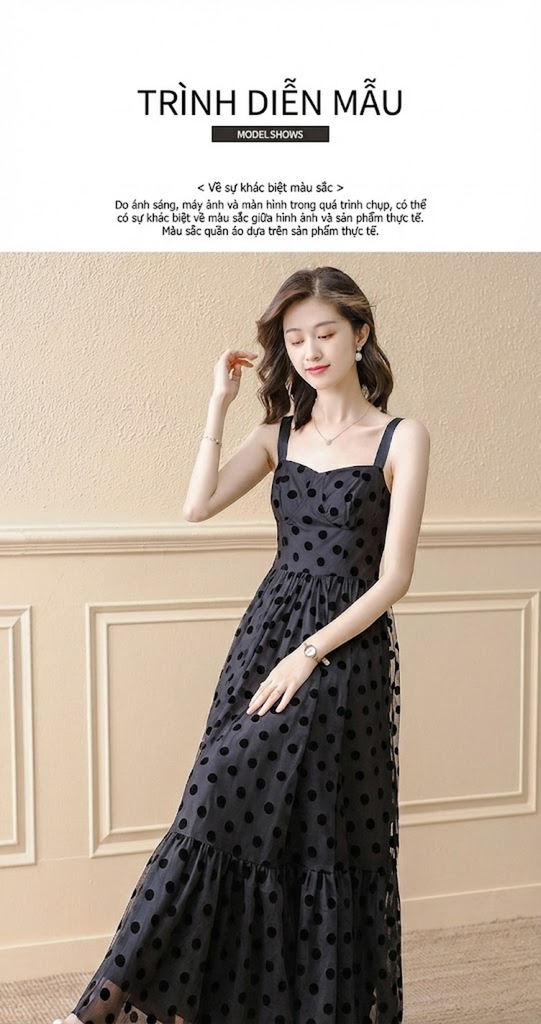 Váy Dây Đầm Dài Họa Tiết Chấm Bi Phong Cách Hepburn Thanh Lịch Màu Đen chi tiết 8