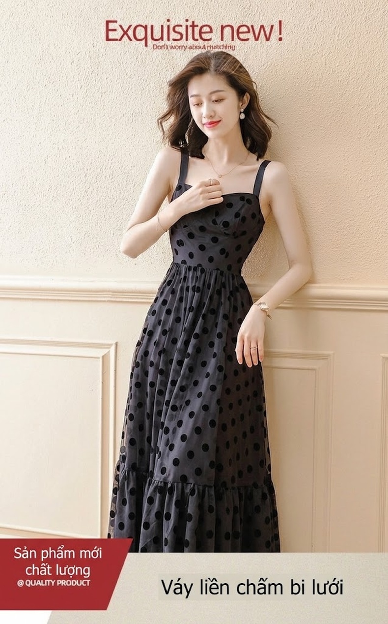Váy Dây Đầm Dài Họa Tiết Chấm Bi Phong Cách Hepburn Thanh Lịch Màu Đen chi tiết 1
