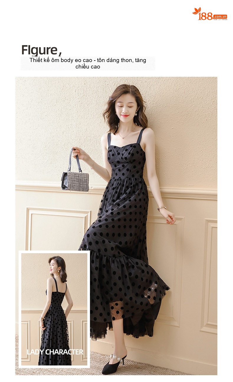Váy Dây Đầm Dài Họa Tiết Chấm Bi Phong Cách Hepburn Thanh Lịch Màu Đen chi tiết 2