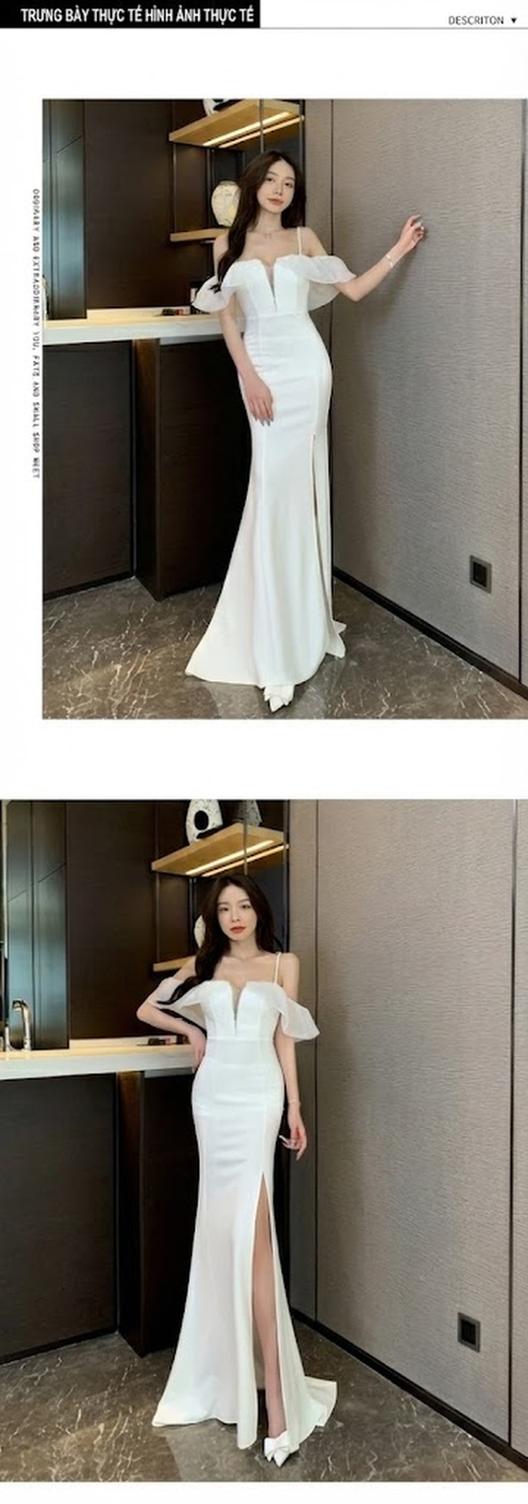 Váy Dây Hai Dây Hở Vai Dáng Dài Xẻ Cao Sang Trọng Màu Trắng, Đen chi tiết 3