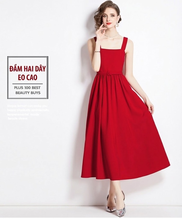 Váy Dây Nữ Cổ chữ Vuông dáng chữ A Chiết Eo Phong Cách Pháp Thanh Lịch Màu Đen, Trắng, Đỏ chi tiết 1