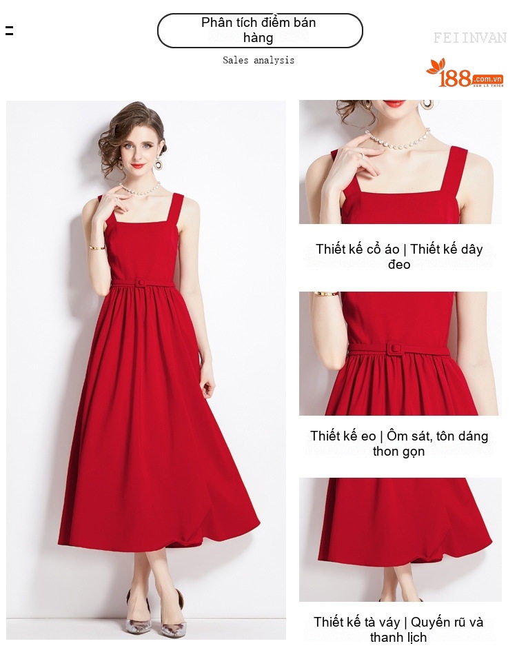 Váy Dây Nữ Cổ chữ Vuông dáng chữ A Chiết Eo Phong Cách Pháp Thanh Lịch Màu Đen, Trắng, Đỏ chi tiết 2
