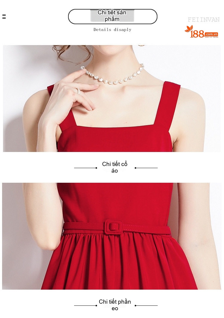 Váy Dây Nữ Cổ chữ Vuông dáng chữ A Chiết Eo Phong Cách Pháp Thanh Lịch Màu Đen, Trắng, Đỏ chi tiết 14