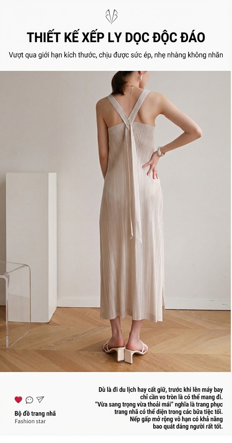 Váy Dây Nữ Dáng Dài Xếp Ly Eo Rộng Phong Cách Công Sở Màu Trắng, Vàng, Tím, Đen... chi tiết 1