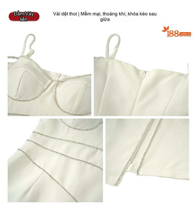 Váy Dây Nữ Ôm Body Dáng Dài Xẻ Tà Thiết Kế Đính Đá Màu Đen, Trắng chi tiết 5