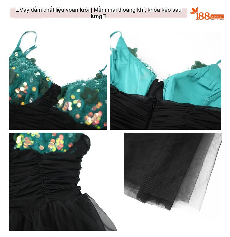 Váy Dây Nữ V-Neck Lưới Bồng Xòe Eo Cao Đính Kim Sa Phong Cách Quý Cô Màu Đen, Xanh Lá chi tiết 3